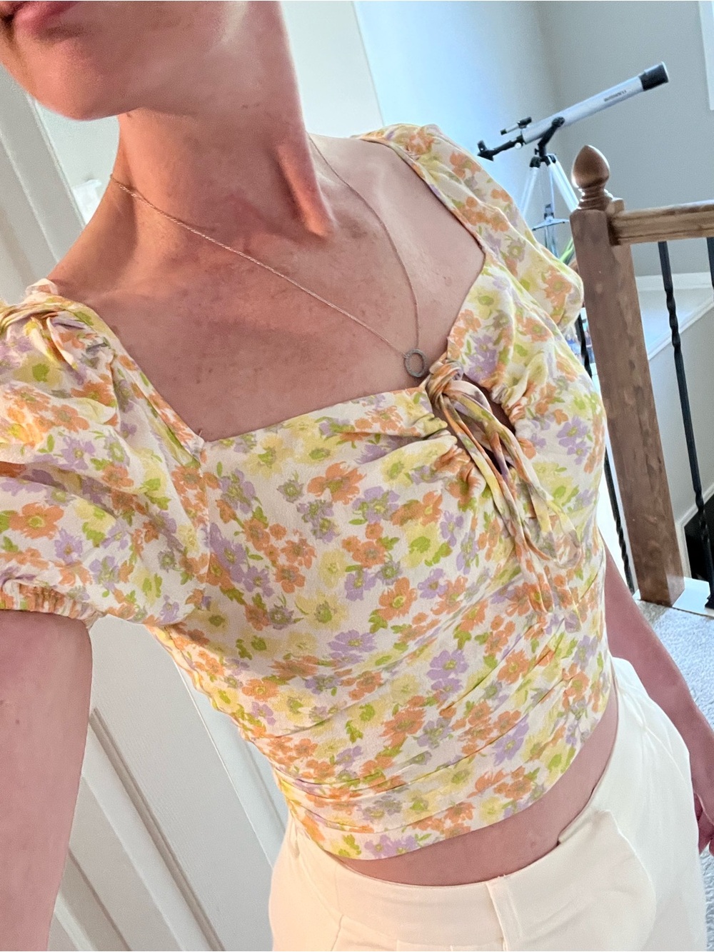 Sophie Rue Pastel Floral Tie-Front Square Neck Crop Top